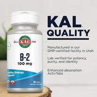 Thumbnail for KAL Vitamin B2 100mg, Riboflavin B2, Healthy Energy and Metabolism Supplement, Red Blood Cell Synthesis Support, Enhanced Absorption ActivTabs, Vegan, 60-Day Guarantee, 60 Servings, 60 Tablets
