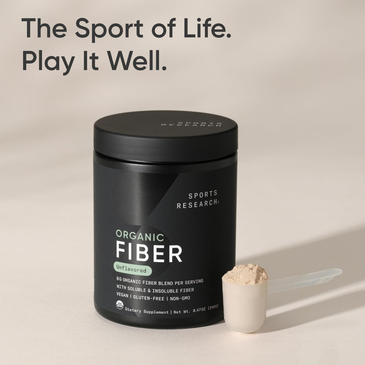 Sports Research® Organic Fiber Unflavored – Organic Fiber Powder - Daily Psyllium Husk and Prebiotic Agave Inulin, Helps Maintain Regularity* with Soluble & Insoluble Fiber - Easy to Mix, 30 Servings