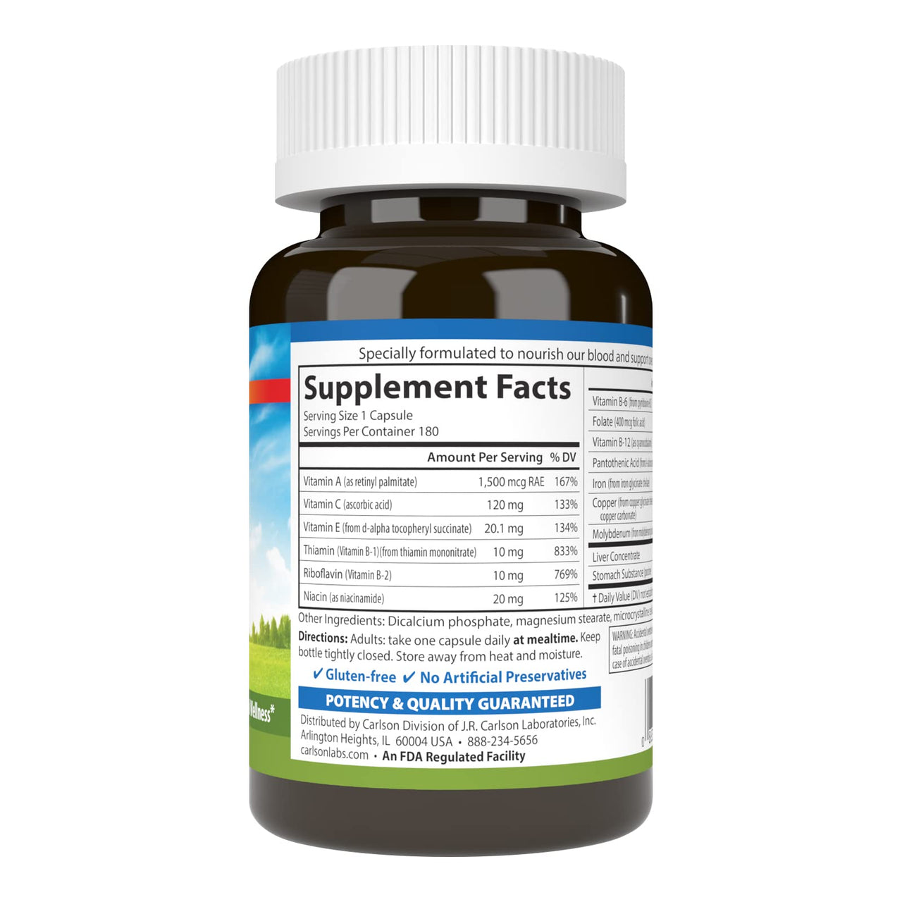 Carlson - Blood Nutrients, 28 mg Iron, Blood Development, Iron Absorption & Optimal Wellness, 180 Capsules