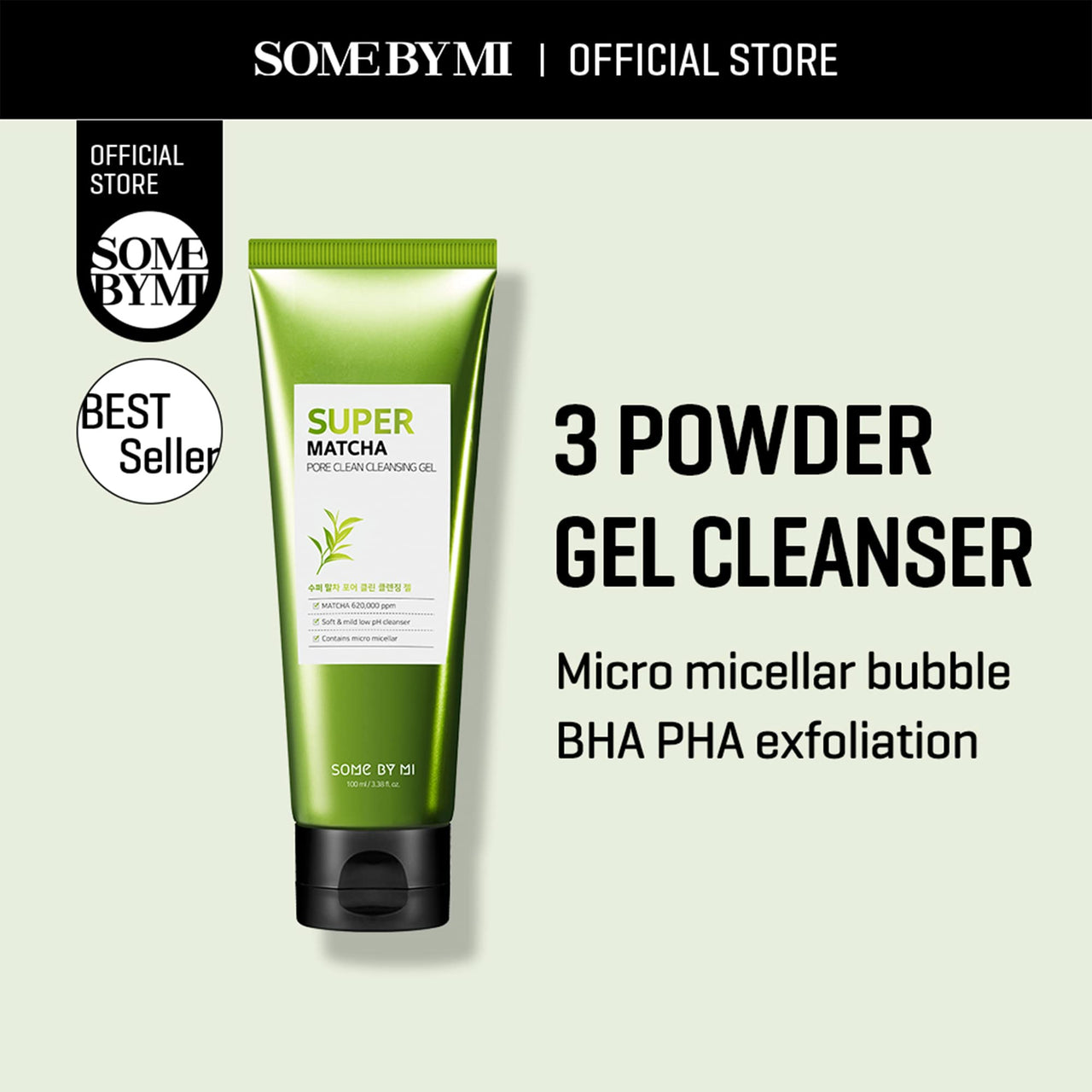 SOME BY MI Super Matcha Pore Clean Cleansing Gel - 3.38Oz, 100ml - Made from Matcha Extracts for Sensitive Skin - Mild Daily Face Wash for Pore Tightening, Sebum and Blackheads Care - Korean Skin Care
