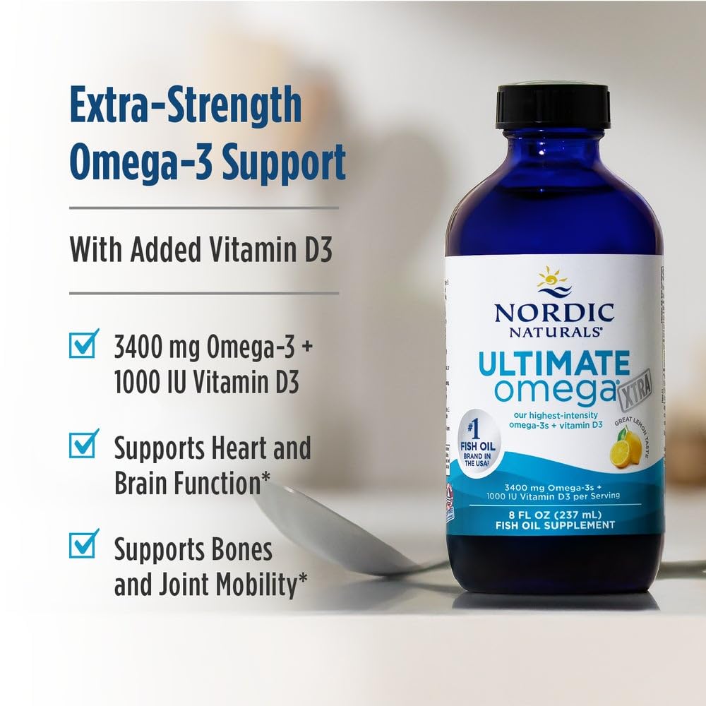 Nordic Naturals Ultimate Omega Xtra Liquid, Lemon Flavor - 8 oz - 3400 mg Omega-3 + 1000 IU Vitamin D3 - EPA & DHA - Brain, Heart, Joint, & Immune Health - Non-GMO - 48 Servings