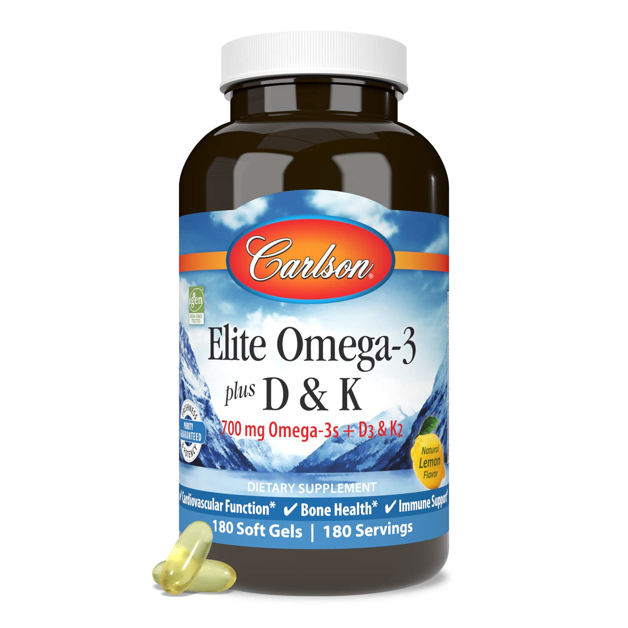 Carlson - Elite Omega-3 Plus D & K, 700 mg Omega-3s + D3 & K2, Function, Bone Health & Immune Support, Lemon, 180 Softgels