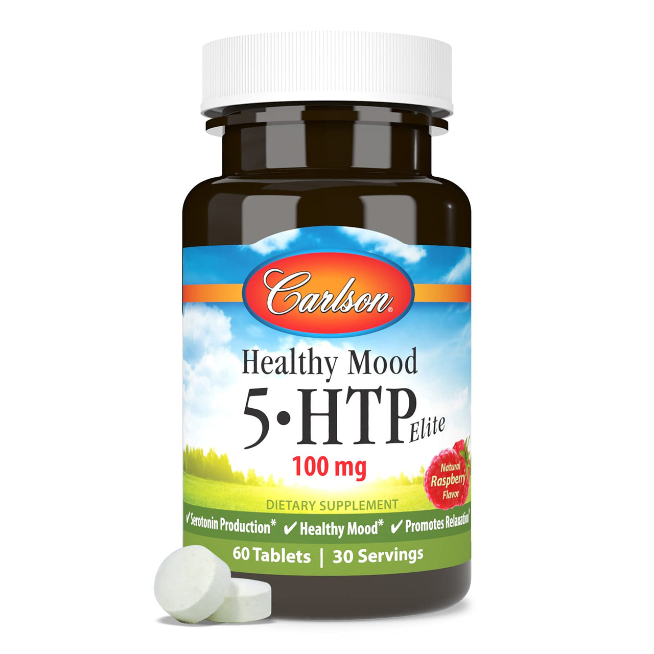 Carlson Healthy Mood 5-HTP Elite 100 mg with Vitamin B6 - Mood Support & Relaxation Supplement - Raspberry Chewable - 60 Tablets