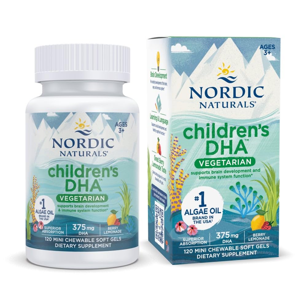 Nordic Naturals Children's DHA Vegetarian - Kids DHA Omega-3 Supplement -Algae Oil - Berry Lemonade Mini Chewables - Plant-Based Formula for Ages 3+ - 120 Soft Gels - 40 Servings