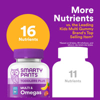 Thumbnail for SmartyPants Toddler Multivitamin Gummies, Omega 3 (DHA/EPA), Vitamins D3, C, Vitamin B12, B6, A, K & Zinc, Biotin, Gluten Free, Three Fruit Flavors, 60 Count (30 Day Supply)