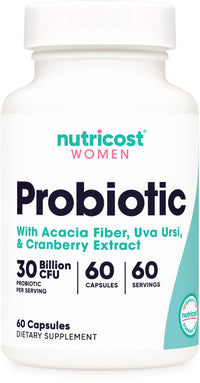 Thumbnail for Nutricost Probiotic for Women 30 Billion CFU, 60 Capsules - Complex with Acacia Fiber, Uva Ursi & Cranberry Extract, Non-GMO & Gluten Free