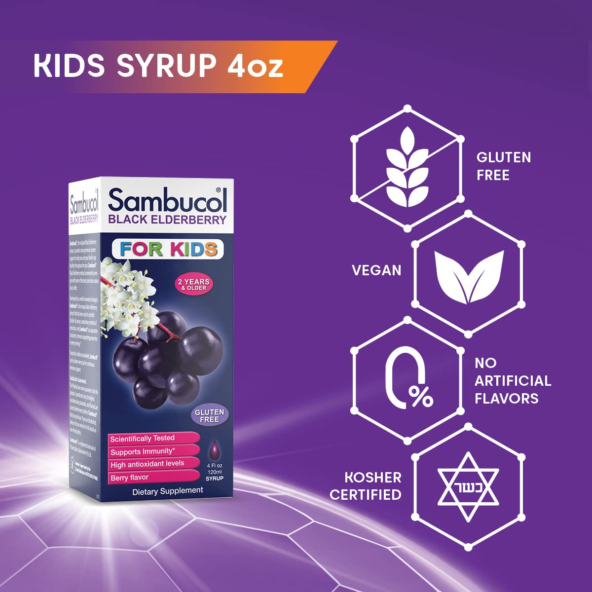 Sambucol Black Elderberry Syrup for Kids - Elderberry Liquid with Vitamin C for Kids No Artificial Flavors, High Antioxidants, Daily Wellness Support, Berry Flavored - 4 Fl Oz