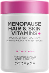 Thumbnail for Codeage Menopause Hair & Skin Vitamins+ - Patented Lustriva, Pycnogenol, KSM-66 Ashwagandha - Hair Density Skin Perimenopause Support - Menopause Supplement - 10,000 Mcg Biotin, Wild Yam - 60 Capsules