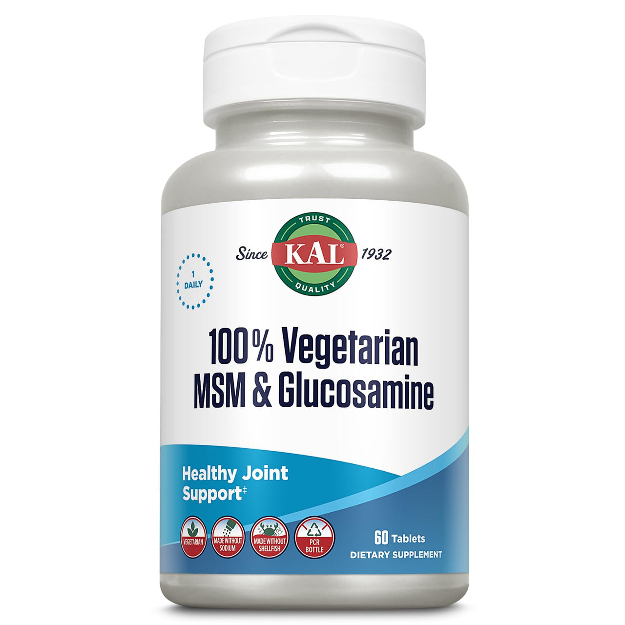 KAL 100% Vegetarian MSM & Glucosamine - Healthy Joint Support - Vegan Glucosamine and MSM Supplement - Made Without Shellfish - Lab Verified - 60-Day Guarantee - 60 Servings, 60 Tablets