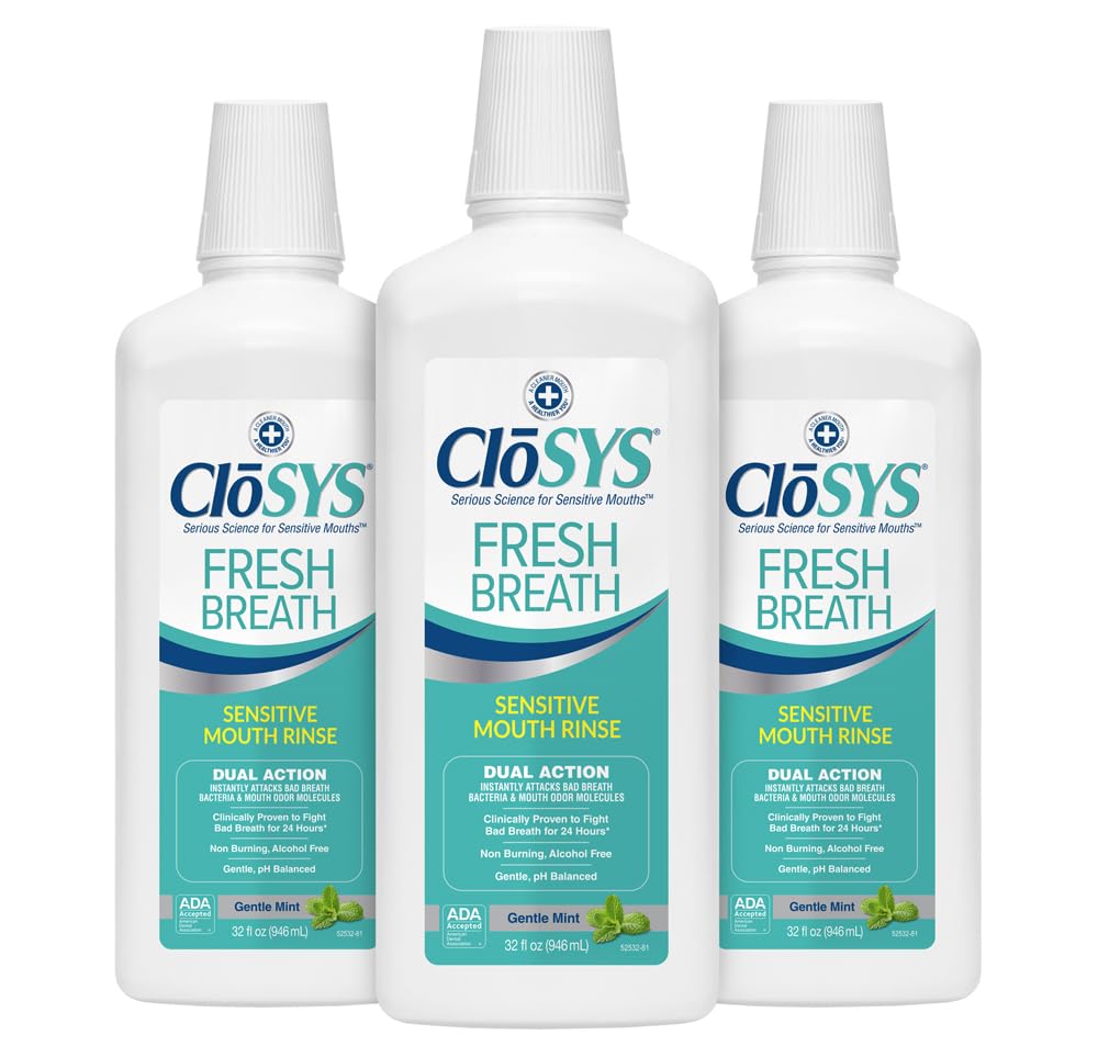 CloSYS Fresh Breath Sensitive Mouthwash, Gentle Mint, Alcohol Free, Dye Free, pH Balanced, Helps Soothe Entire Mouth, Fights Bad Breath - 32 Oz (Pack of 3)