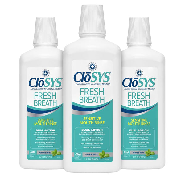 CloSYS Fresh Breath Sensitive Mouthwash, Gentle Mint, Alcohol Free, Dye Free, pH Balanced, Helps Soothe Entire Mouth, Fights Bad Breath - 32 Oz (Pack of 3)