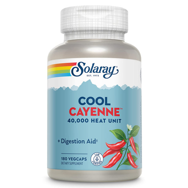 SOLARAY Cool Cayenne Pepper 40,000 HU, Cayenne Pepper Capsules, Digestion Aid, Bio-Cool Process, Lab Verified, 60-Day Money-Back Guarantee, 90 Servings, 180 VegCaps