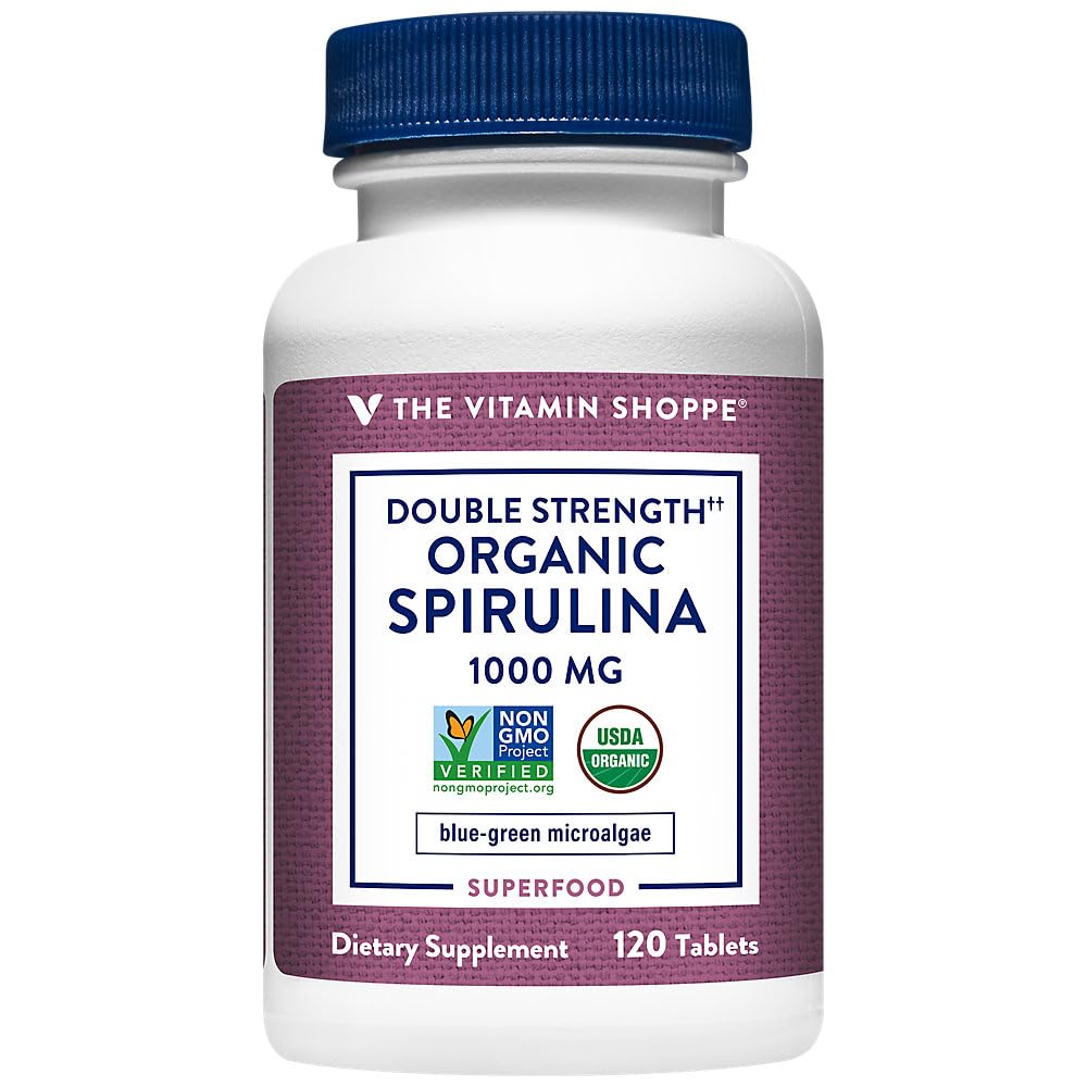 Double Strength Organic Spirulina a" Blue-Green Microalgae Superfood a" 1,000 MG (120 Tablets)