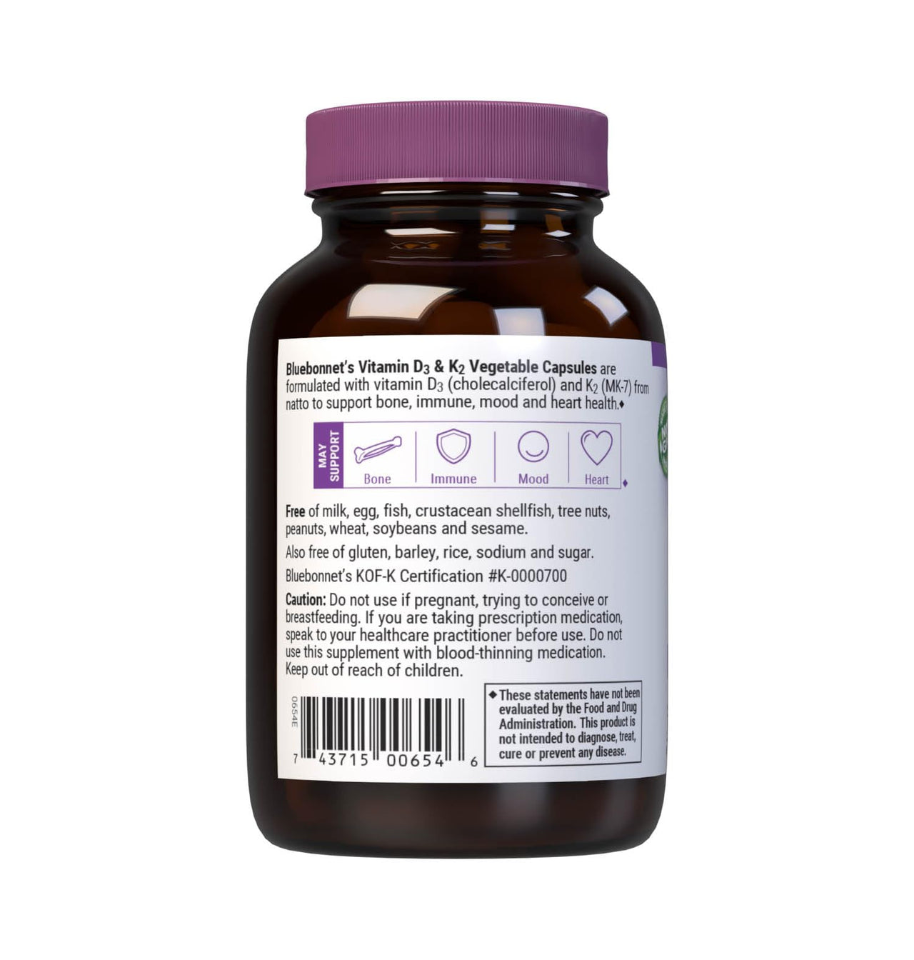 Bluebonnet Nutrition Vitamin D3 & K2, Soy-Free, for Strong-Healthy Bones*, Gluten-Free, Non-GMO, Dairy-Free, Kosher Certified, Vegetarian, 60 Vegetable Capsules, 60 Servings