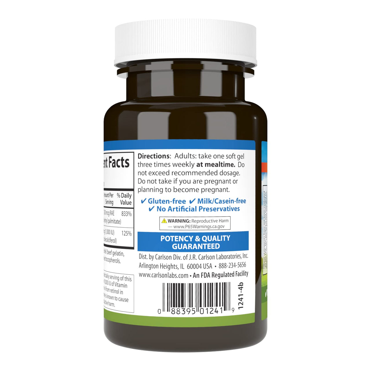 Carlson - A & D, 25000 IU (7500 mcg RAE) Vitamin A, 1000 IU (25 mcg) Vitamin D, Vision Support, Skin Health, 100 Softgels