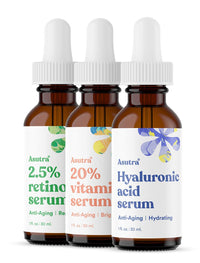 Thumbnail for ASUTRA Serum Variety Pack, 3 Products - 1 fl oz 2.5% Retinol Face Serum, 1 lf oz 20% Vitamin C Face Serum, 1 fl oz Hyaluronic Acid Face Serum