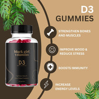 Thumbnail for Black Girl Vitamins - Vitamin D3 Gummies, for Immune, Energy, and Bone Support, 2000IU (50mcg) Vitamin D per Serving, Gluten-Free Vitamin D Gummies