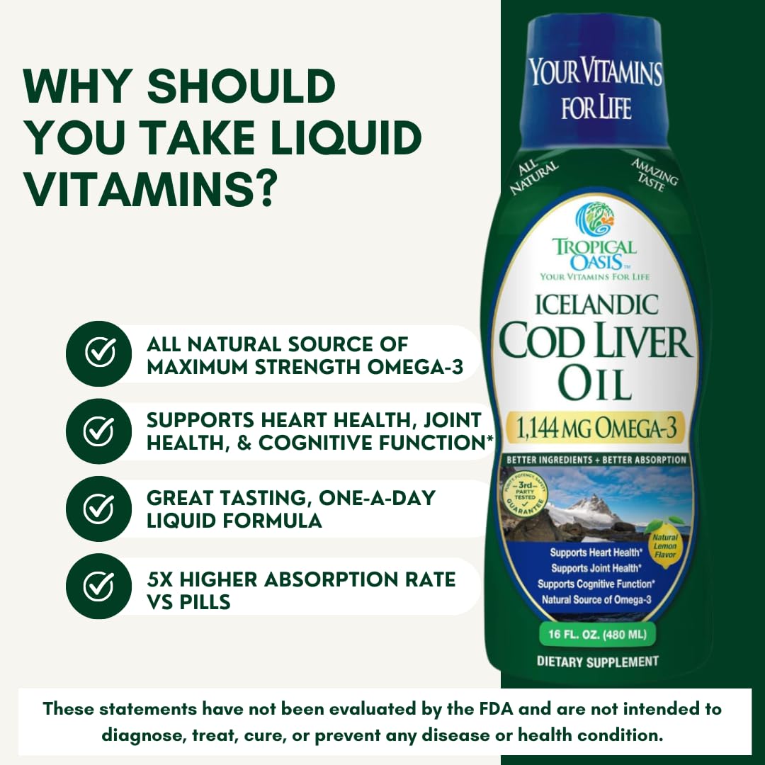 Tropical Oasis - Icelandic Cod Liver Oil | Maximum Strength 1144mg of Liquid Wild-Caught Natural Omega-3 Fish Oil (Lemon Flavor, 90 Servings)