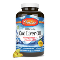 Thumbnail for Carlson - Cod Liver Oil Gems, 460 mg Omega-3s, Plus Vitamins A and D3, Wild Caught Norwegian Arctic Cod Liver Oil, Sustainably Sourced Nordic Fish Oil Capsules, Lemon, 150 Softgels