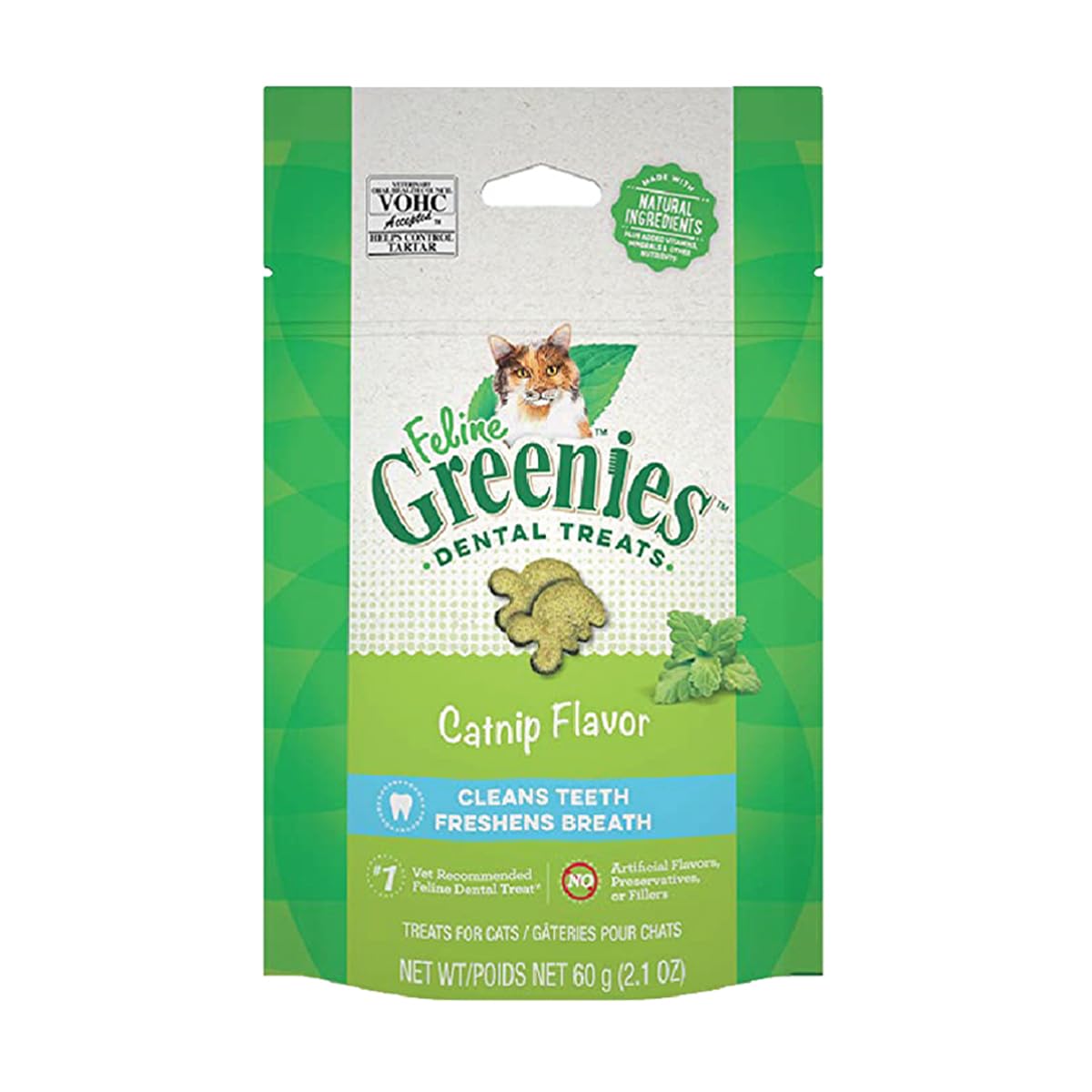Greenies Cat Treats, Feline Veterinarian-Recommended Adult Natural Dental Treats, Catnip Flavor, 2.1 oz. Pouch