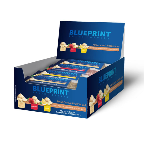 Blueprint by Bryan Johnson Macadamia Nut Protein Bars â€“ Variety Pack Protein Bars - Lemon, White Cocoa & Raspberry â€“ Vegan, Low Sugar, Keto-Friendly Snacks â€“ Non-GMO, Raw Nut Barâ€“ 9g Protein â€“ 12 Pack