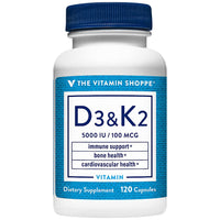 Thumbnail for The Vitamin Shoppe Vitamin D3 K2 5000 IU - Bone Density & Heart Health | D3 + K2 MK-7 | 120 Capsules | Synergistic Formula