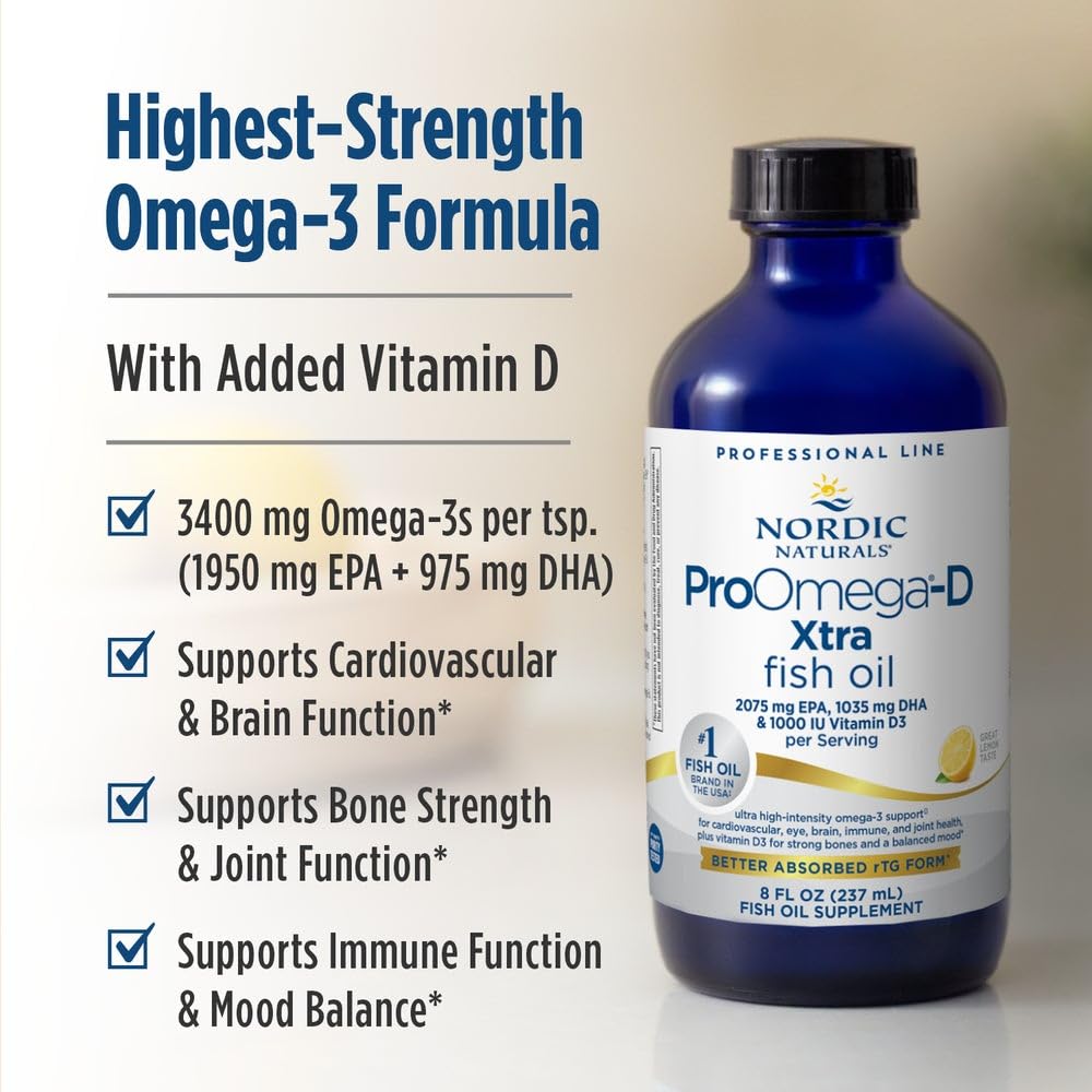 Nordic Naturals ProOmega-D Xtra Liquid, Lemon Flavor - 8 oz - 3400 mg Omega-3 + 1000 IU D3 - High-Potency Fish Oil - EPA & DHA - Brain, Eye, Heart, & Immune Health - Non-GMO - 48 Servings