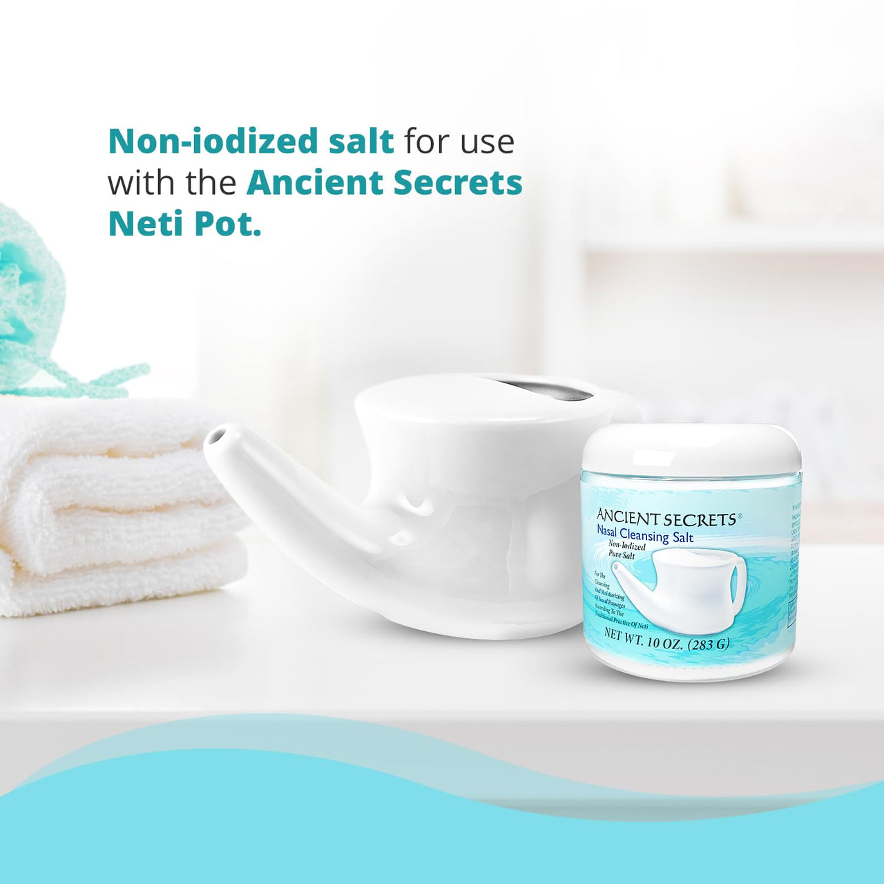 Ancient Secrets Nasal Cleansing Salt, Non-Iodized â€“ USP-Grade Sodium Chloride for Any Neti Pot, Sinus Irrigation System, 10 Oz + Single-Use Travel Pack