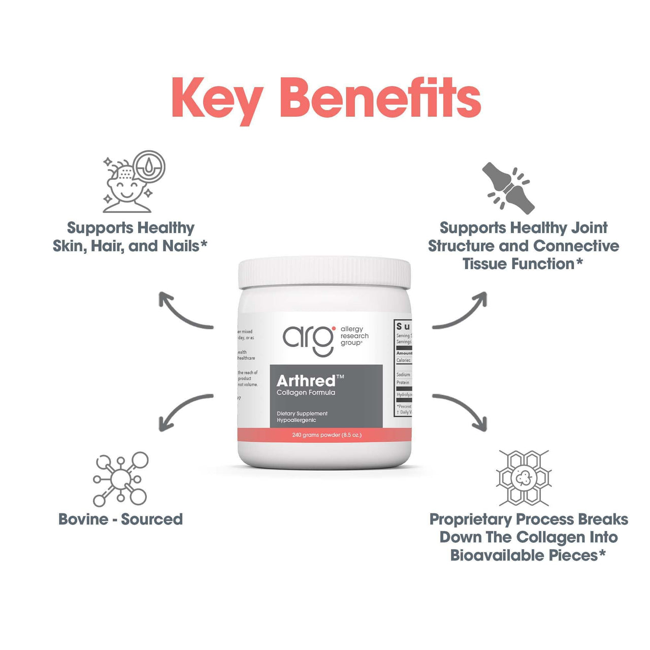 Allergy Research Group Arthred Supplement - Collagen Powder for Men & Women, 10.5g Collagen Peptides, Bovine Sourced, Arthred Powder, Collagen Formula, Hydrolyzed Collagen - 8.5 Oz