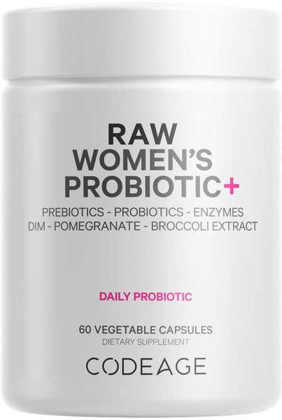 Codeage Raw Women’s Probiotic+ Supplement - 34 Probiotic Strains, 100 Billion CFUs, Digestive Enzymes, Prebiotic Blend, DIM, Herbal Extracts, Phytonutrients - Non-GMO - 30 Capsules