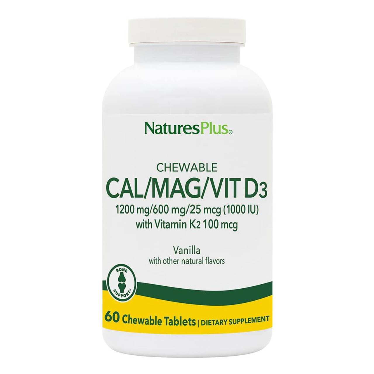 NaturesPlus Calcium/Magnesium/Vitamin D3 with Vitamin K2-60 Chewable Tablets - Supports Bone & Immune Health - Vanilla Flavor - Gluten Free - Up to 30 Servings