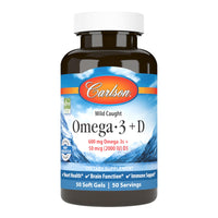 Thumbnail for Carlson Omega-3 + D, 600 mg Omega-3s with EPA & DHA + 2,000 IU Vitamin D3, Wild-Caught Fish Oil, Norwegian-Sourced Omega-3 Supplement, Heart, Brain & Bone Support, 50 Soft Gels