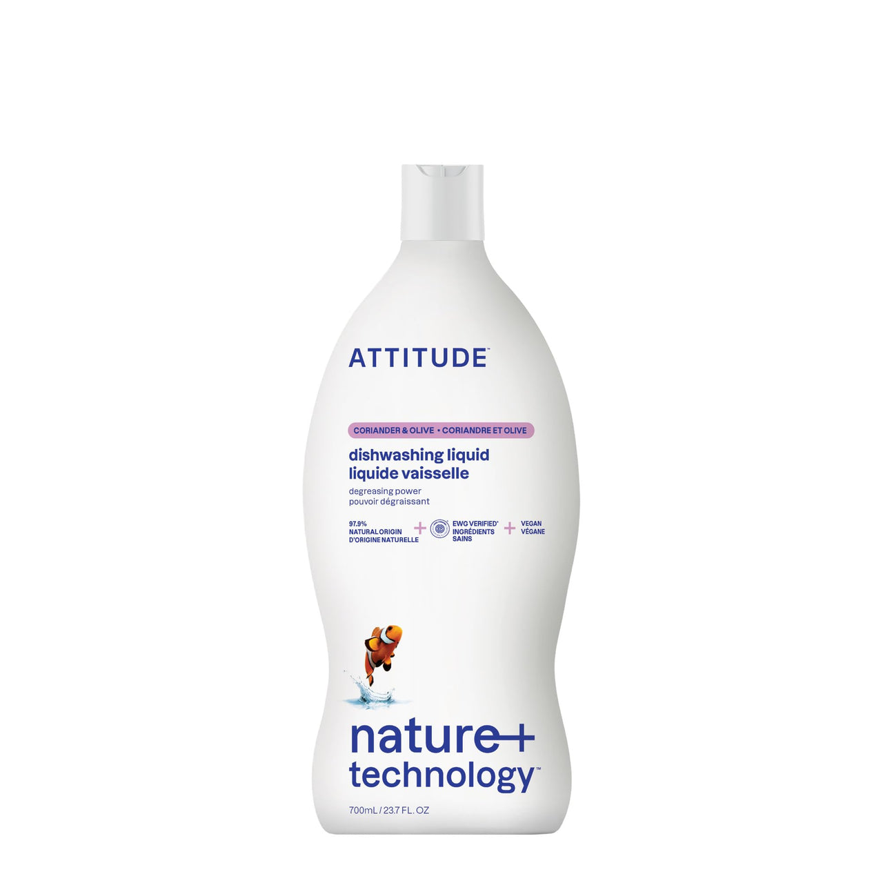 ATTITUDE Dish Soap, EWG Verified, Plant-Based & Vegan Dishwashing Liquid, Naturally Derived, Olive and Coriander Scent, 23.7 Fl Oz