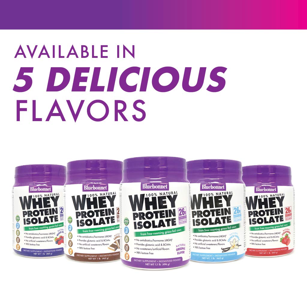 Bluebonnet Grass Fed Whey Protein Isolate 26 g Energy & Workout Recovery BCAA Amino Acids - Gluten-Free, Non-GMO, Soy-Free Vanilla Protein Powder for Women & Men - 14 Servings