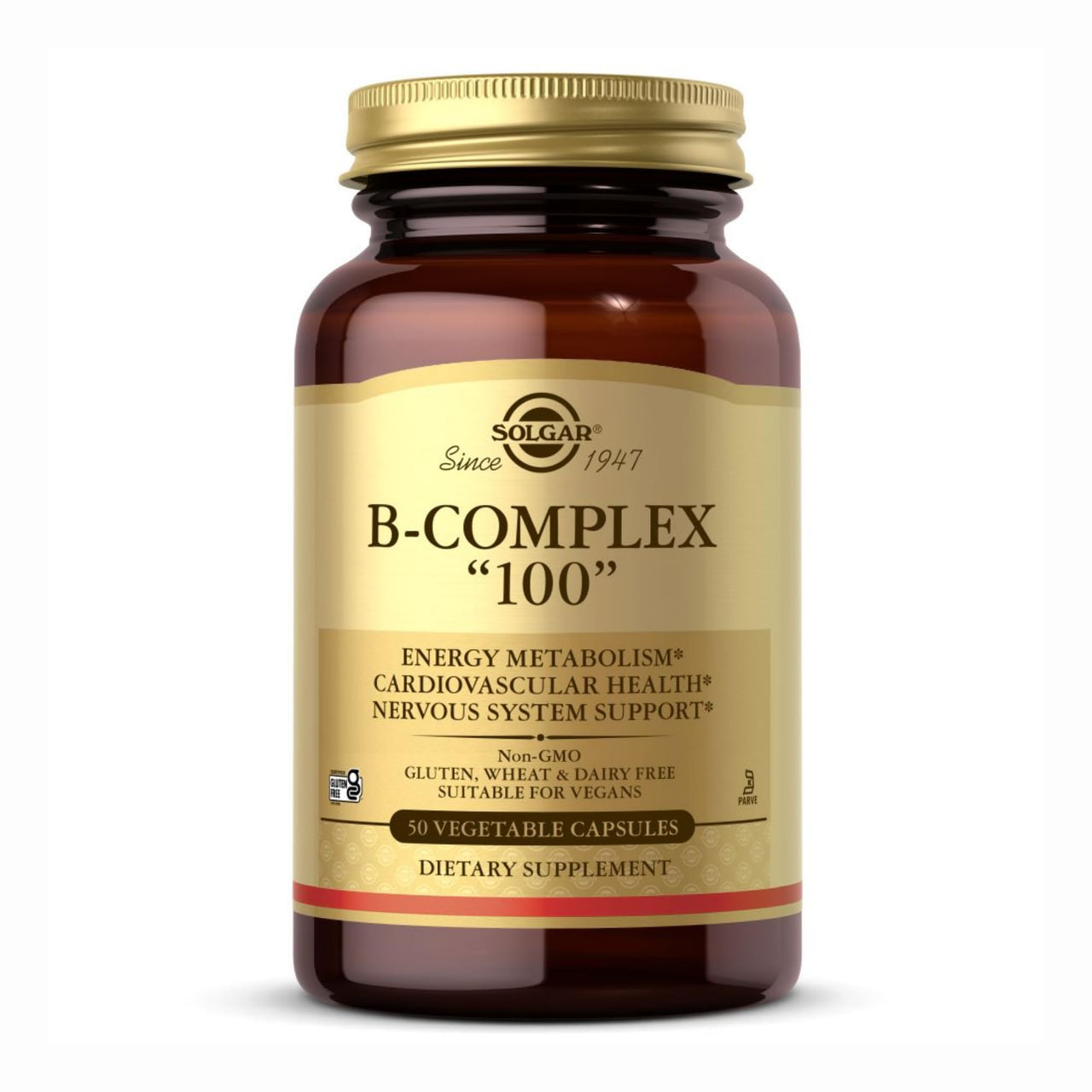 Solgar B-Complex 100" - 50 Vegetable Capsules - Energy Metabolism, Nervous System Support - Non-GMO, Vegan, Gluten Free - 50 Servings