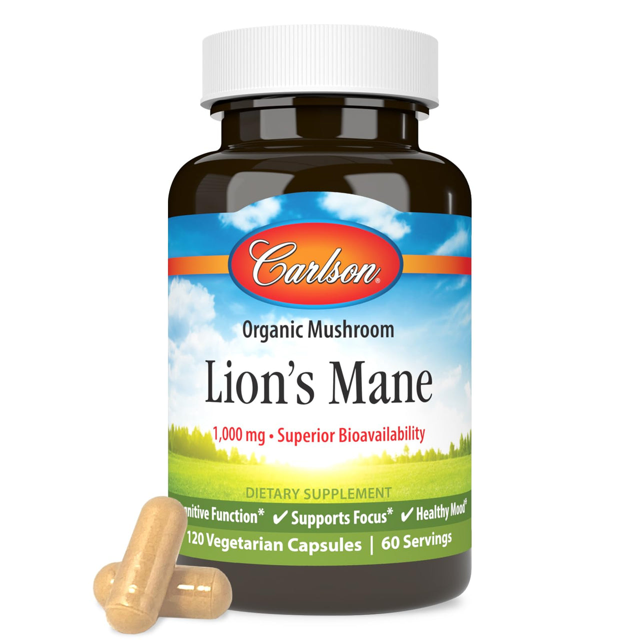 Carlson - Lion's Mane, Organic Mushroom, Cognitive Function, Mood Health, Digestive Support, Non-GMO, 60 Vegetarian Capsules