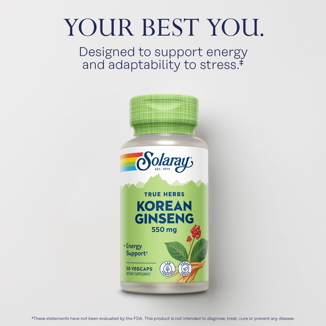 SOLARAY Korean Ginseng 550 mg - Ginseng Root - Stress, Physical Endurance and Energy Supplements - Non-GMO, Vegan, Lab Verified - 50 Servings, 50 VegCaps