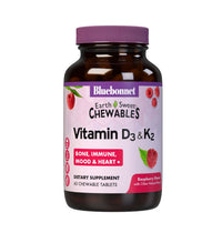 Thumbnail for Bluebonnet Nutrition Vitamin D3 & K2 EarthSweet Chewable Tablets, for Immune, Mood & Heart Health*, Soy-Free, Gluten-Free, Non-GMO, Kosher Dairy, 60 Raspberry Flavor Chewable Tablets, 60 Servings