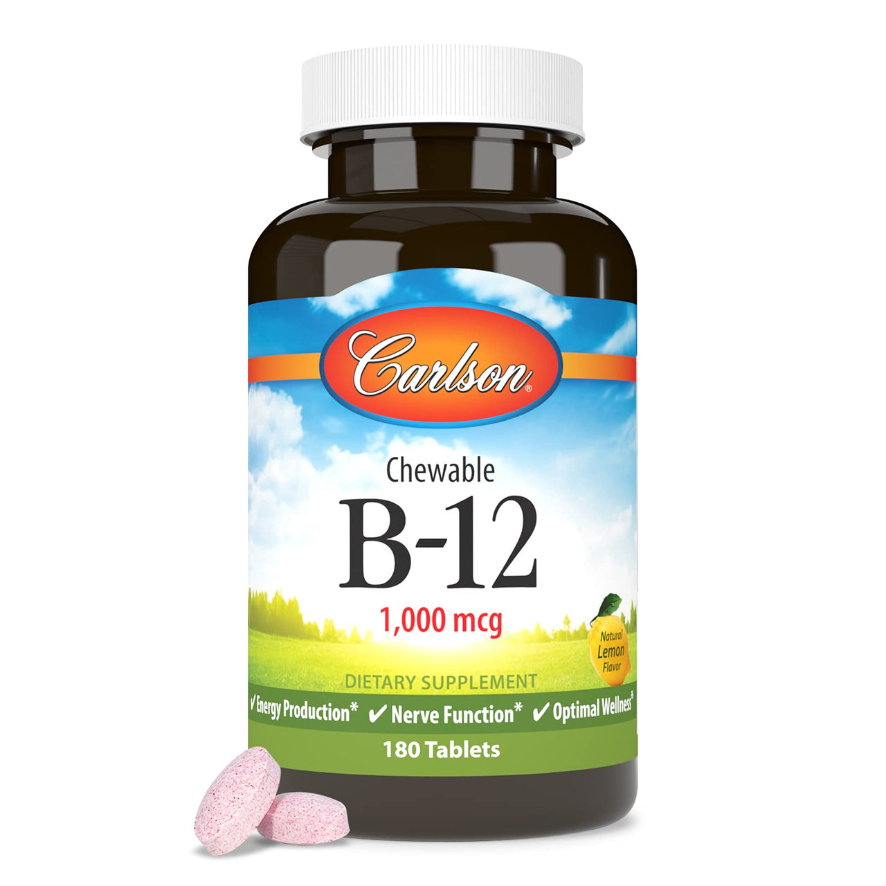 Carlson - Chewable B-12, 1000 mcg, Energy Production, Nerve Function & Optimal Wellness, Lemon, 180 tablets