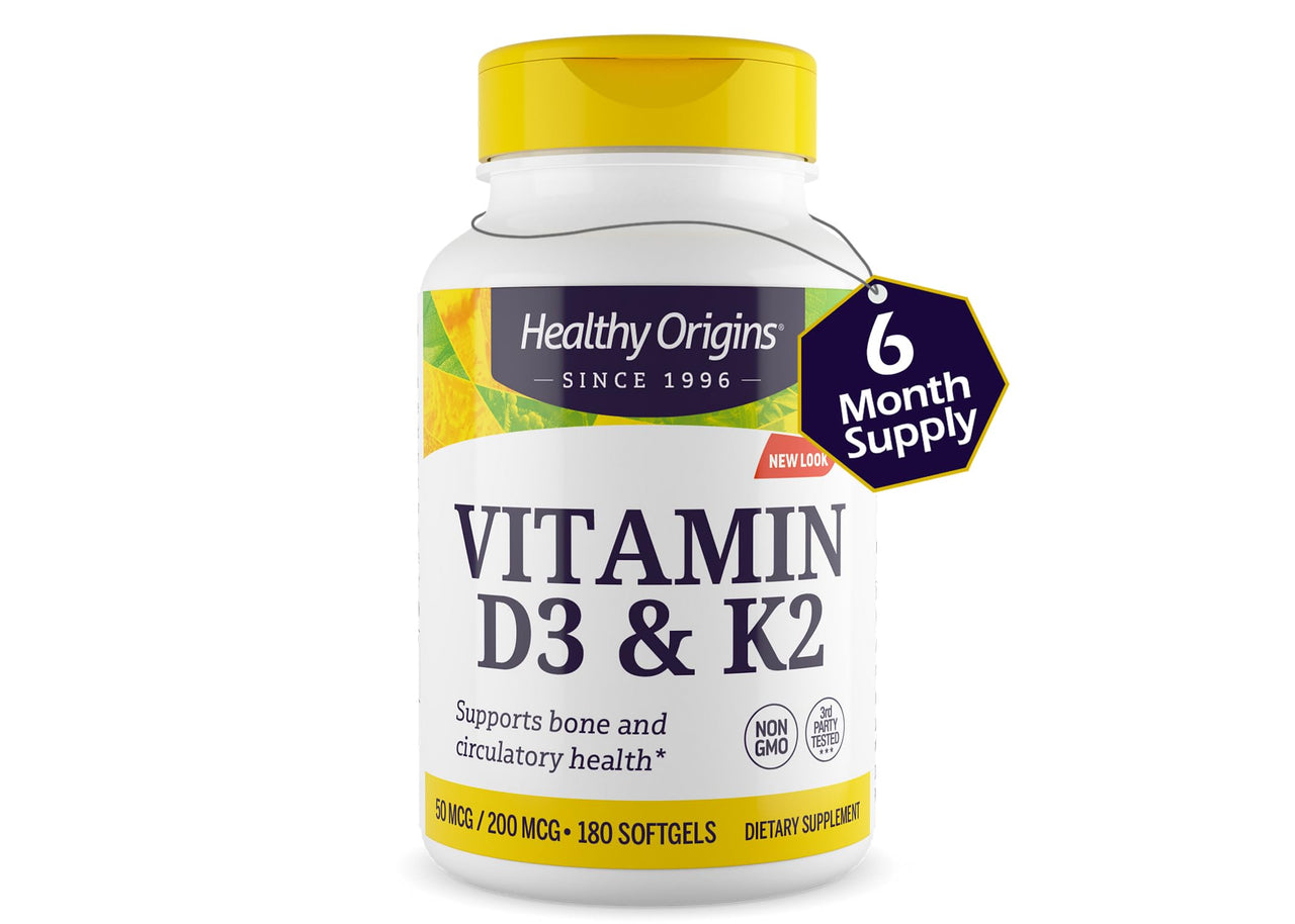 Healthy Origins Vitamin D3 2,000 IU (50 mcg) & K2 200 mcg (Non-GMO, 3rd Party Tested, Bone Support, Cardiovacsular Support), 180 Softgels