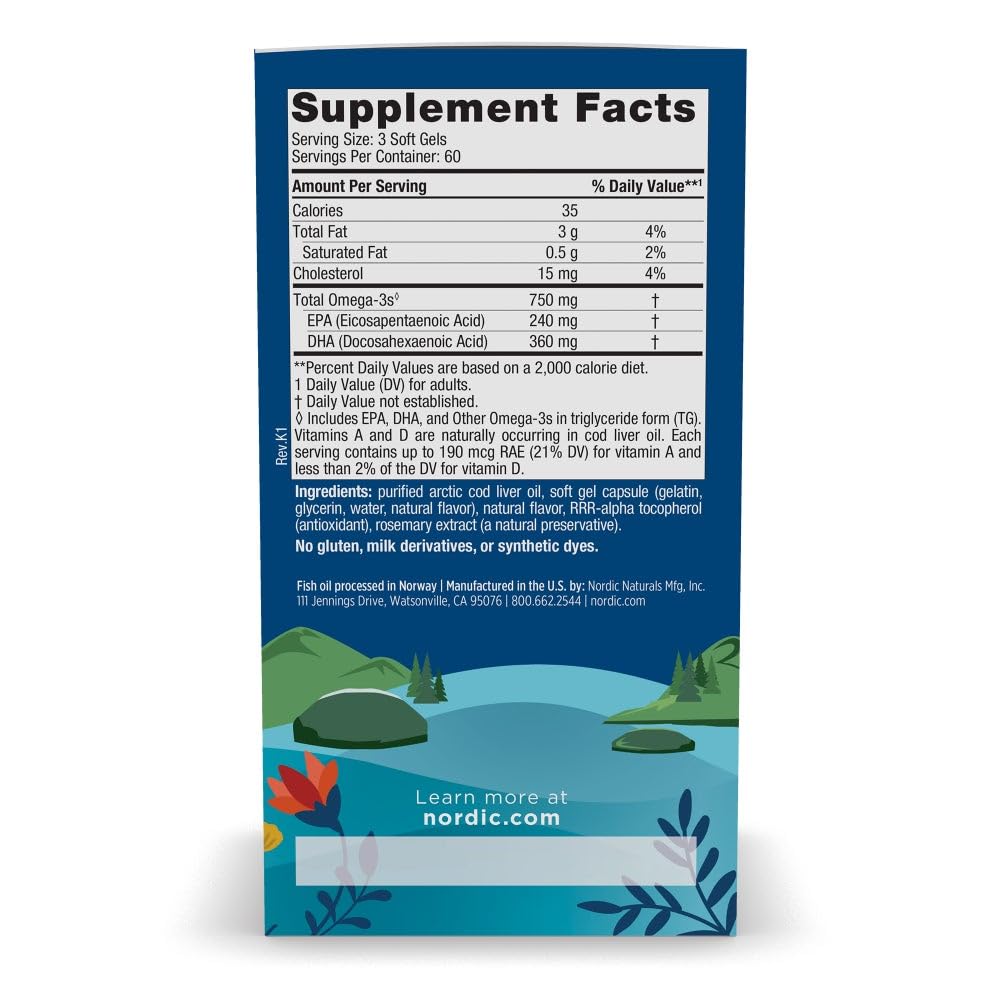 Nordic Naturals Arctic Cod Liver Oil, Lemon - 180 Soft Gels - 750 mg Total Omega-3s with EPA & DHA - Heart & Brain Health, Healthy Immunity, Overall Wellness - Non-GMO - 60 Servings
