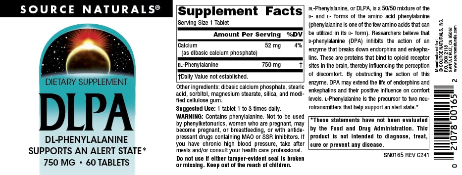 Source Naturals DLPA DL-Phenylalanine* - 750 mg - 60 Tablets