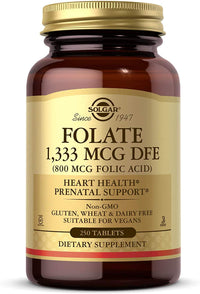 Thumbnail for Solgar Folate 1,333 MCG Dietary Folate Equivalent (800 mcg Folic Acid), 250 Tablets - Heart Health, Healthy Nervous System, Prenatal Support - Non-GMO, Vegan, Gluten Free, Dairy Free - 250 Servings