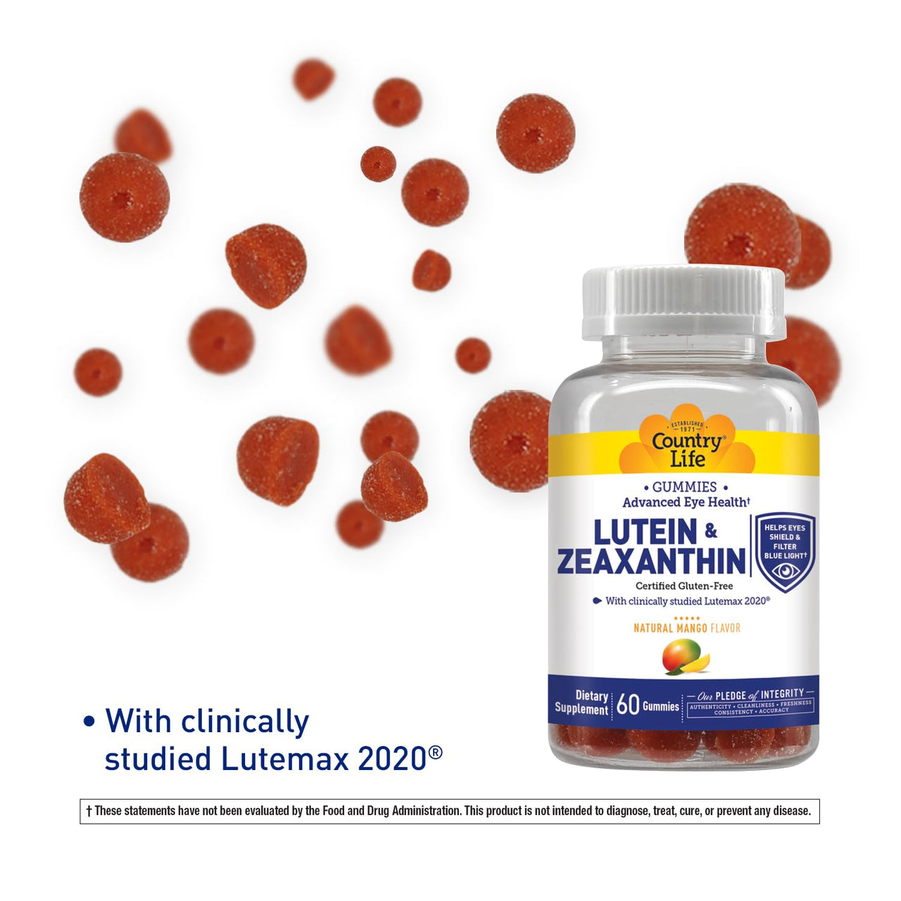 Country Life Lutein Gummies with Lutemax 2020, 60 Ct, Chewable Natural Eye Support Supplement, Marigold Lutein, Zeaxanthin, Eye Health & Macular Support, Non-GMO, Natural Fruit Pectin, Vegan