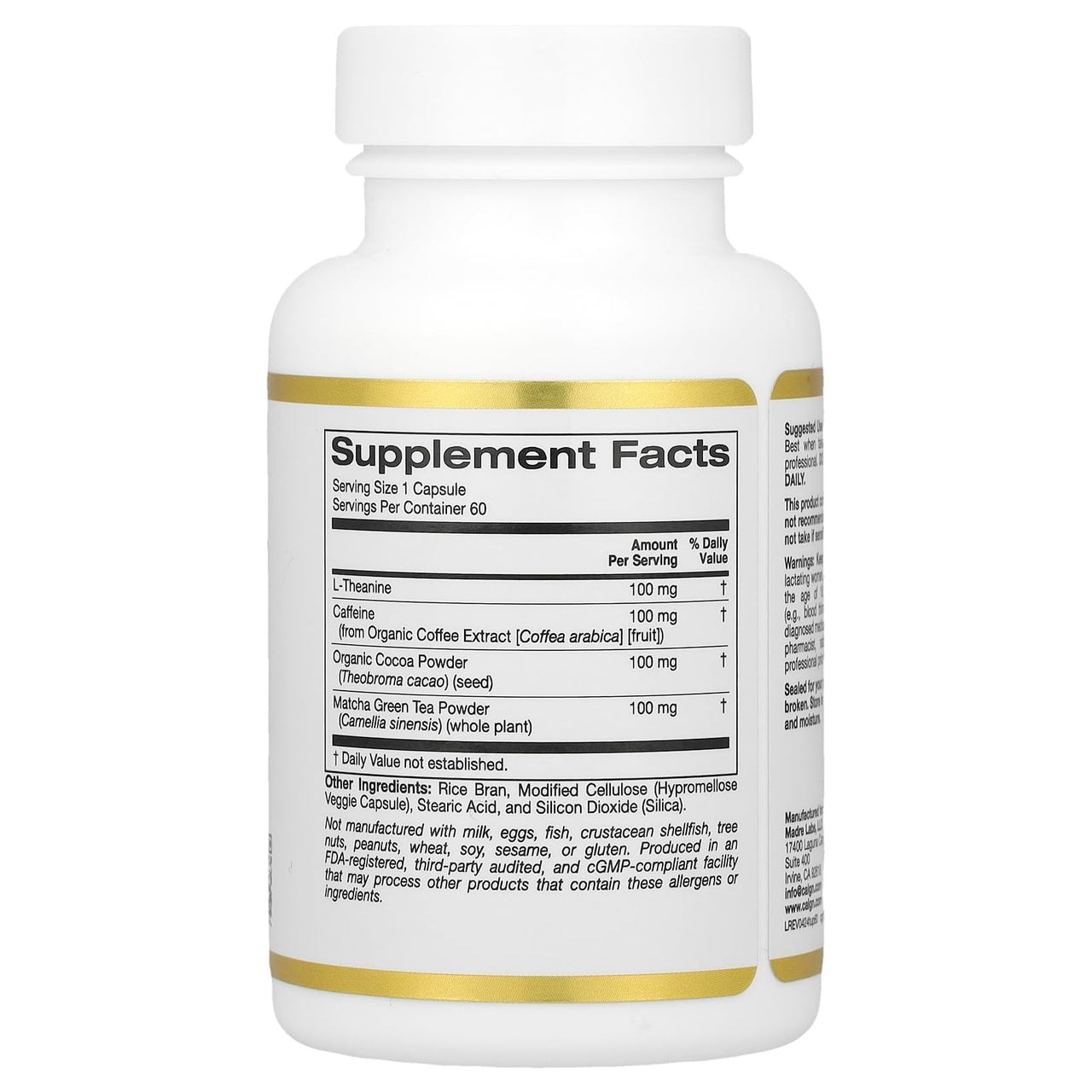 California Gold Nutrition TheanineUP™, L-Theanine & Caffeine Plus Cocoa, and Matcha, 60 Veggie Capsules