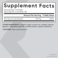 Thumbnail for Sports Research Zinc Picolinate 50mg with Organic Coconut Oil | Highly Absorbable Zinc Supplement for Healthy Immune Function - Non-GMO Verified, Gluten & Soy Free (60 Liquid Softgels)