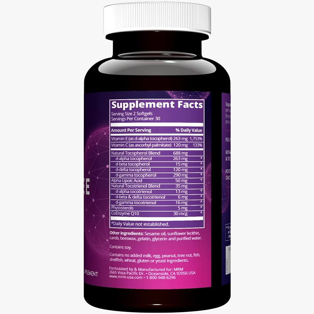 MRM Nutrition Complete E - For Women & Men - Vitamin E Complex with Mixed Tocopherols, Tocotrienols, Vitamin C & CoQ-10, Antioxidant Support for Heart, Skin, and Cellular Health - 30 Servings