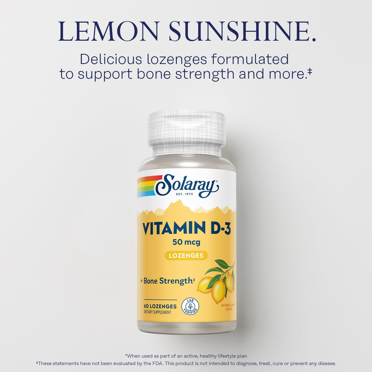 SOLARAY Vitamin D3 2000IU Supplement for Men & Women - Vitamin D as Cholecalciferol, VIT D3 50 mcg for Adults, Bone Strength Support, Natural Lemon Flavor - 60 Lozenges