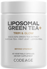 Thumbnail for Codeage Liposomal Green Tea+ EGCG 50% Green Tea Extract, Organic Matcha Green Powder, Peppermint Leaf, Lemon Peel, Liposomal Delivery - Vegan Pils Supplement - Non-GMO - 60 Capsules