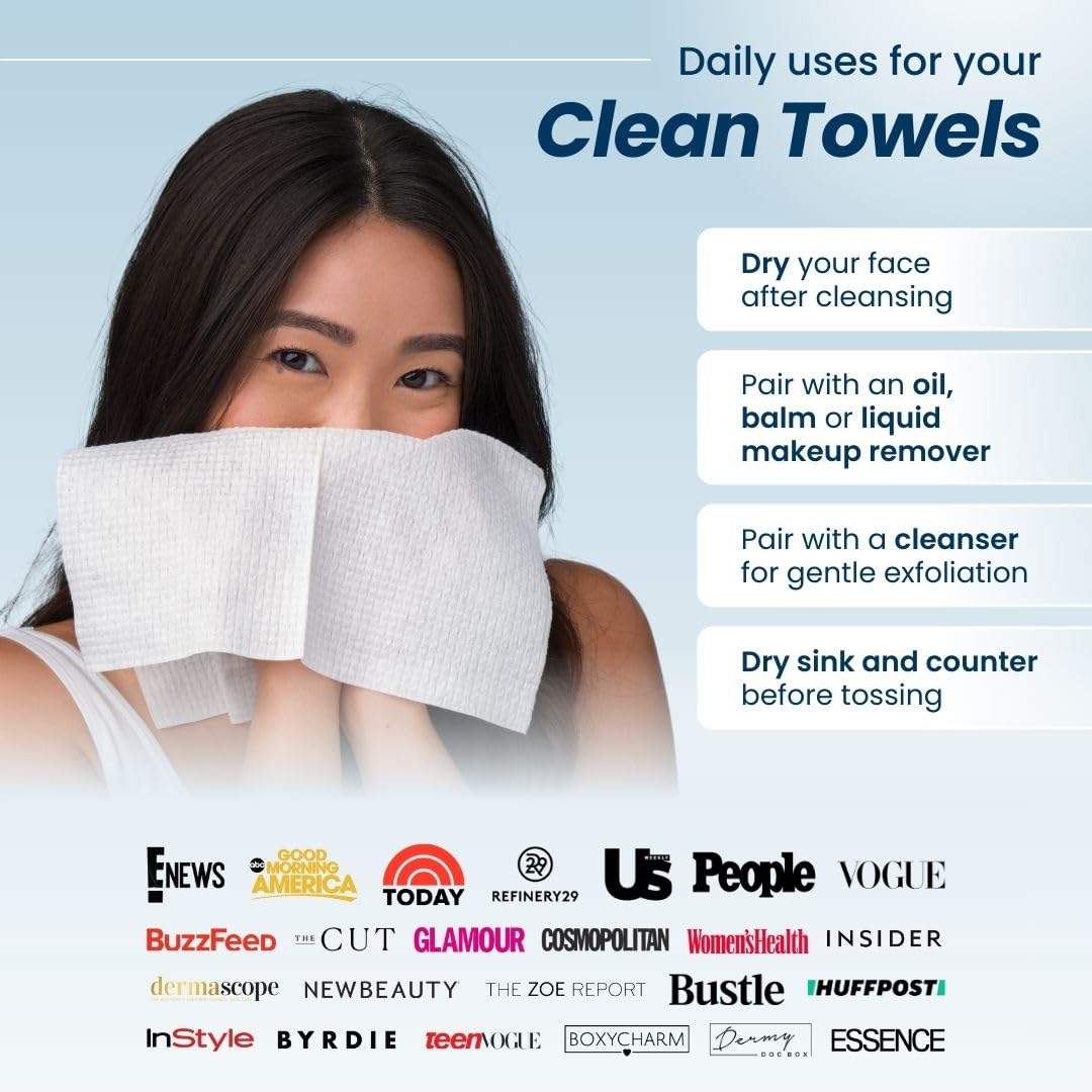 Clean Skin Club Clean Towels™, 100% USDA Biobased Dermatologist Approved Face Towel, Disposable Clinically Tested Face Towelette, Facial Washcloth, Makeup Remover Dry Wipes, Ultra Soft, 25 ct, 4 pack